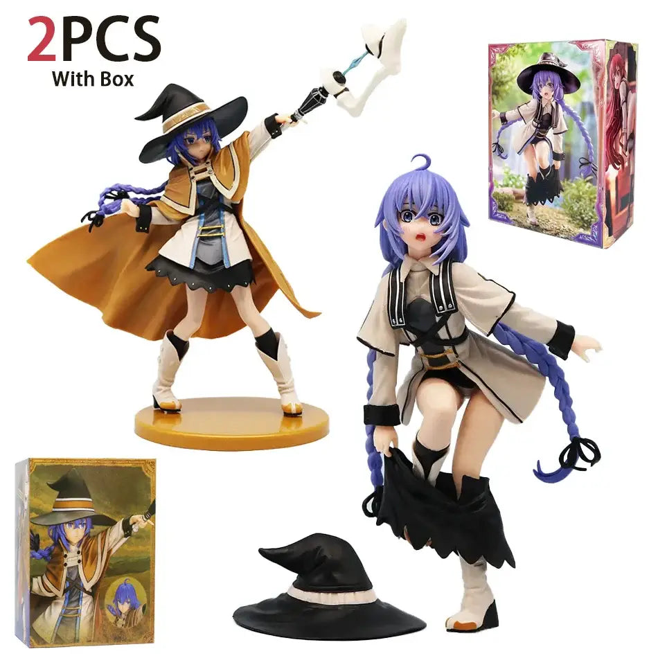 Two mushoku tensei roxy migurdia pvc statues 25cm featuring one in an orange cloak with staff and one in beige coat with braided hair