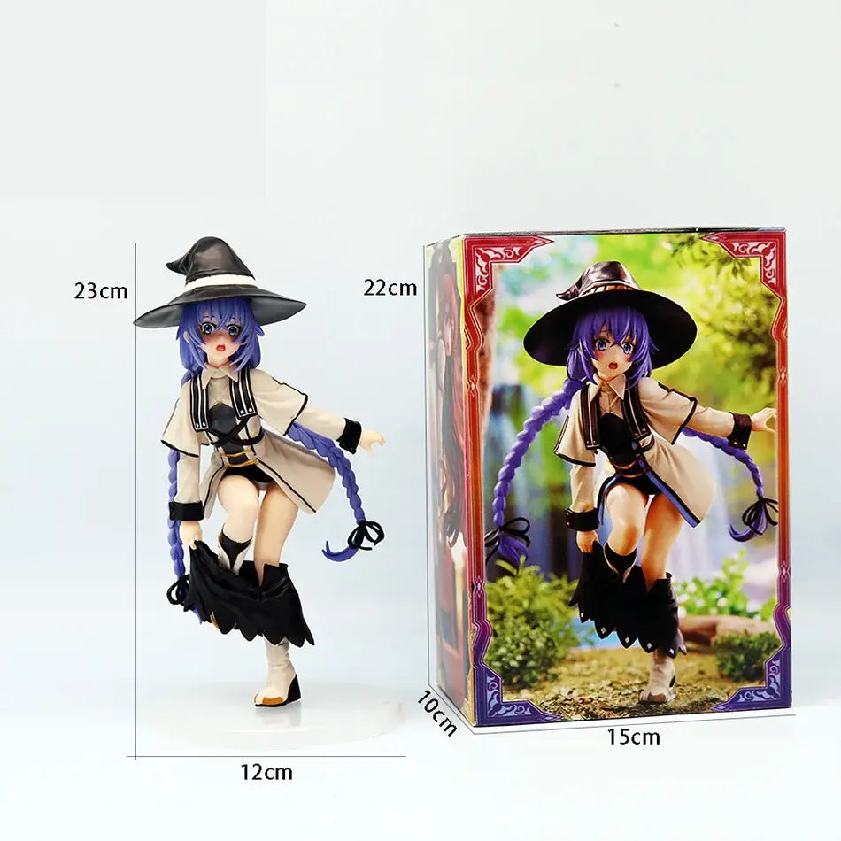 23cm tall roxy migurdia pvc statue from mushoku tensei with purple hair braided wearing beige coat and black hat