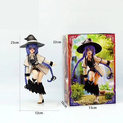 23cm tall roxy migurdia pvc statue from mushoku tensei with purple hair braided wearing beige coat and black hat