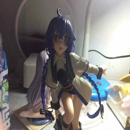 Blue-haired roxy migurdia pvc statue from mushoku tensei features long braided pigtails in beige coat and dynamic pose