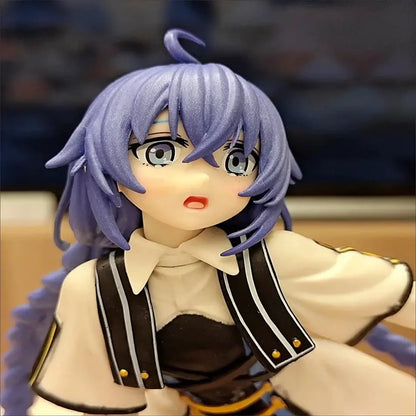 Purple-haired roxy migurdia mushoku tensei pvc statue with glittery lavender hair and white collar outfit with gold buttons