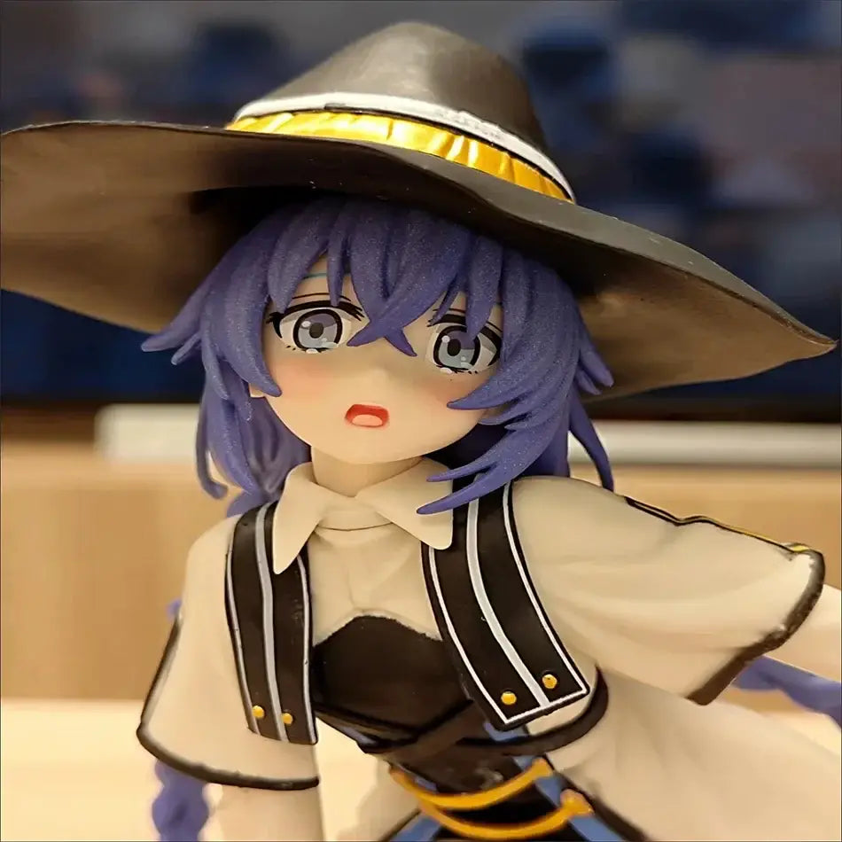 Detailed roxy migurdia pvc statue from mushoku tensei featuring vibrant purple hair and oversized black hat with gold trim