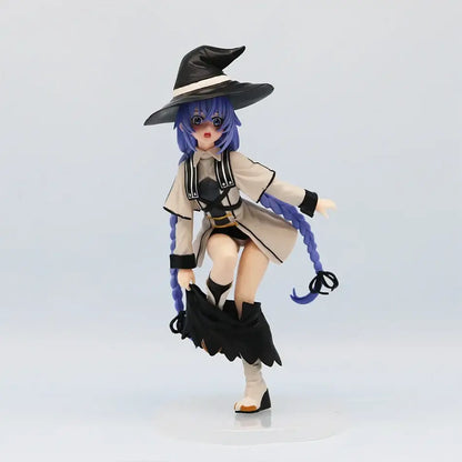 A detailed mushoku tensei roxy migurdia pvc statue featuring a witch with purple braided hair holding an open umbrella