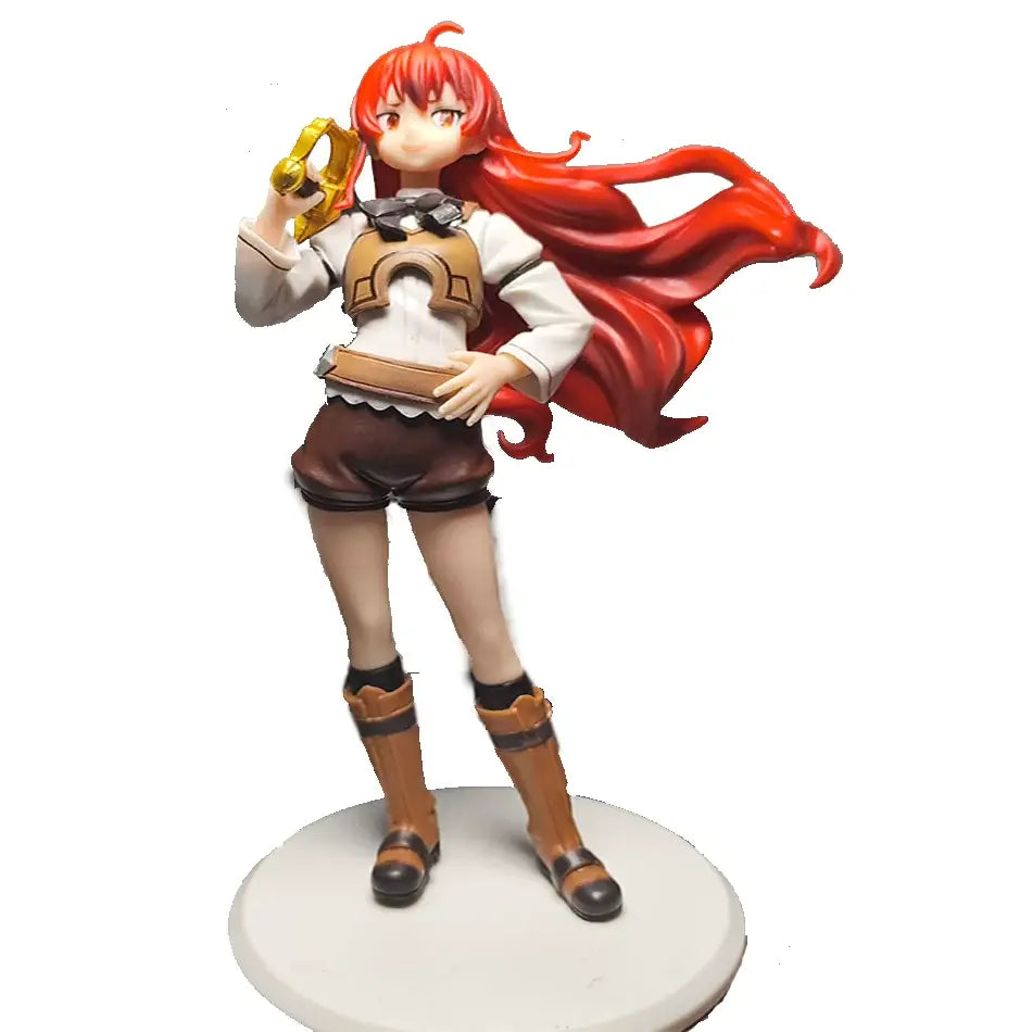 Red-haired roxy migurdia pvc statue from mushoku tensei wearing white blouse brown shorts holding a golden object