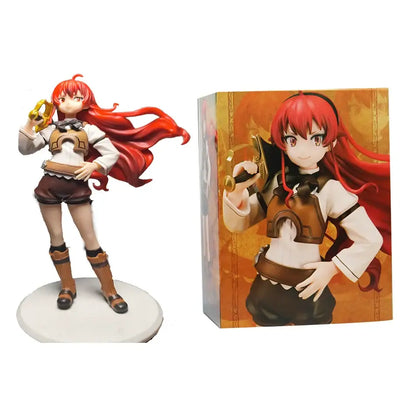 Red-haired roxy migurdia pvc statue from mushoku tensei wearing white blouse and brown shorts on circular base