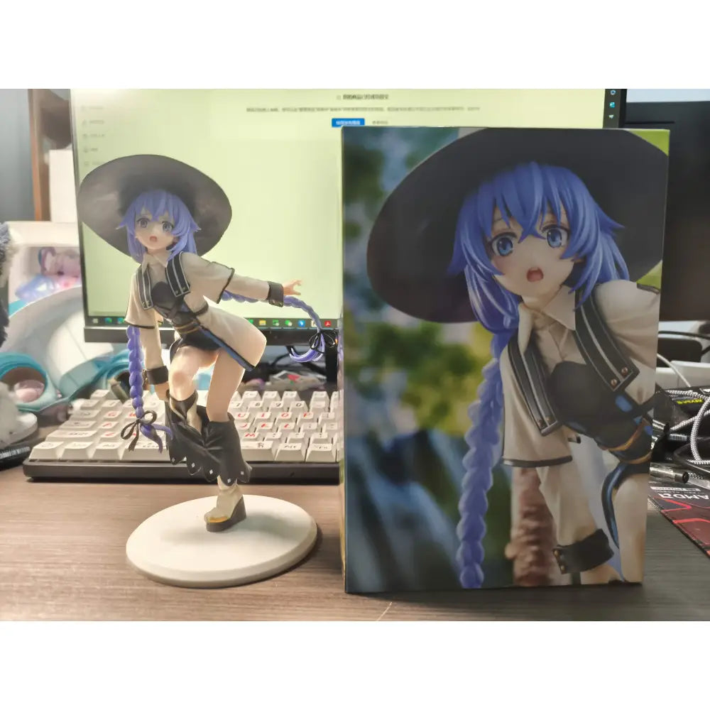 Blue-haired roxy migurdia mushoku tensei pvc statue with black hat and beige outfit on white circular base