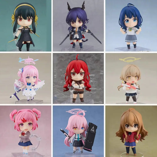 Nine collectible anime-style nendoroid figures including mushoku tensei roxy migurdia posable face swap design