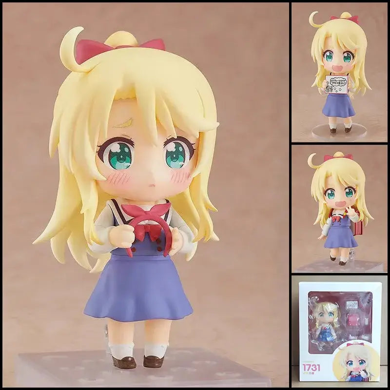 Chibi-style roxy migurdia figure from mushoku tensei in blue skirt white blouse with red bows posable face swap feature