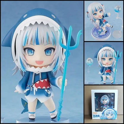 Blue and white shark-themed roxy migurdia anime figurine with posable face swap and trident accessory from mushoku tensei