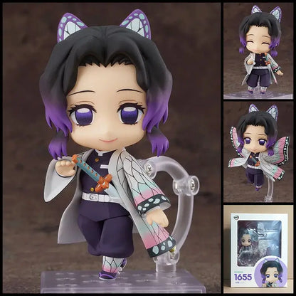 Chibi-style roxy migurdia figure from mushoku tensei with purple and black hair, butterfly ears, and posable sword