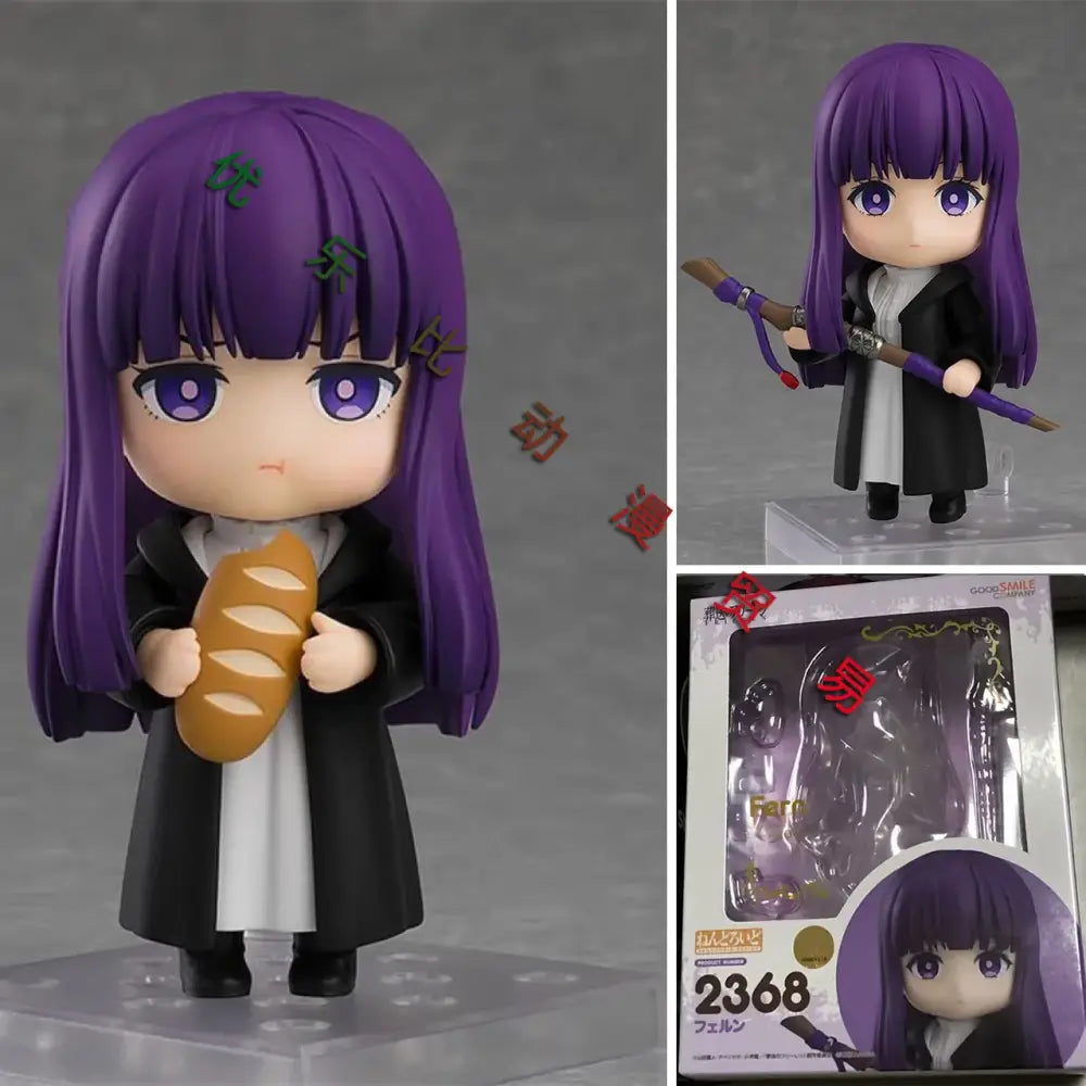 Purple-haired mushoku tensei roxy migurdia q version figure in black coat with posable design holding loaf of bread
