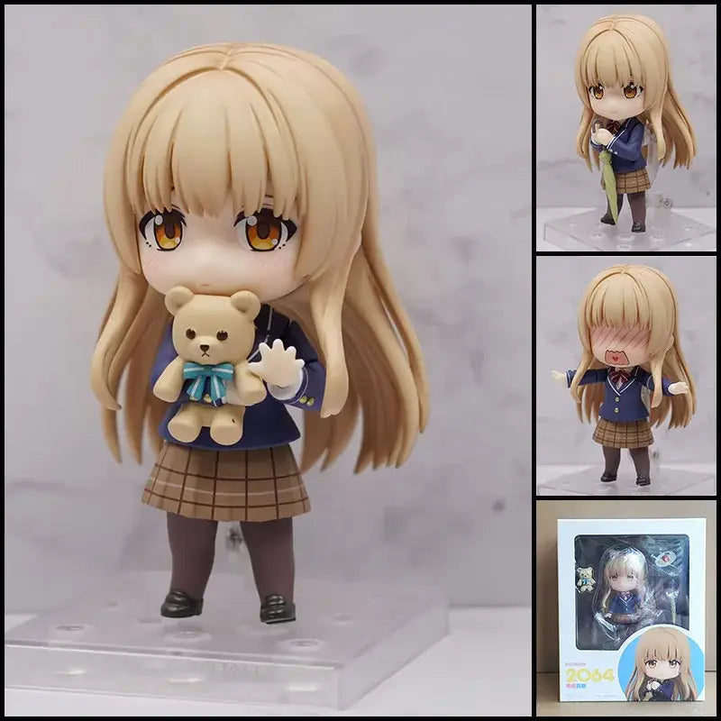 Chibi figure of roxy migurdia from mushoku tensei wearing navy blazer and plaid skirt holding beige teddy bear with teal ribbon