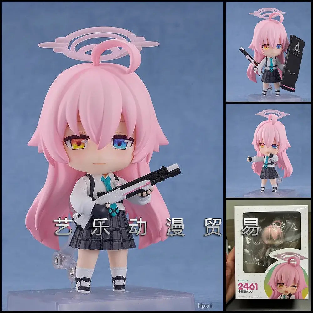 Posable mushoku tensei roxy migurdia figure with pink hair heterochromatic eyes school uniform and toy rifle