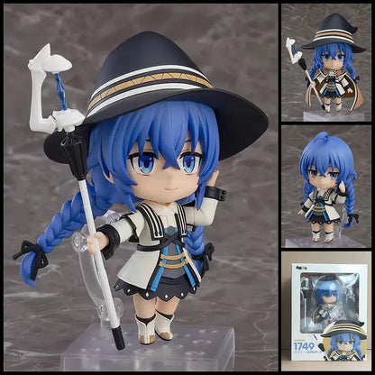 Blue-haired witch mushoku tensei roxy migurdia figure with black hat features posable design and face swap for character styling