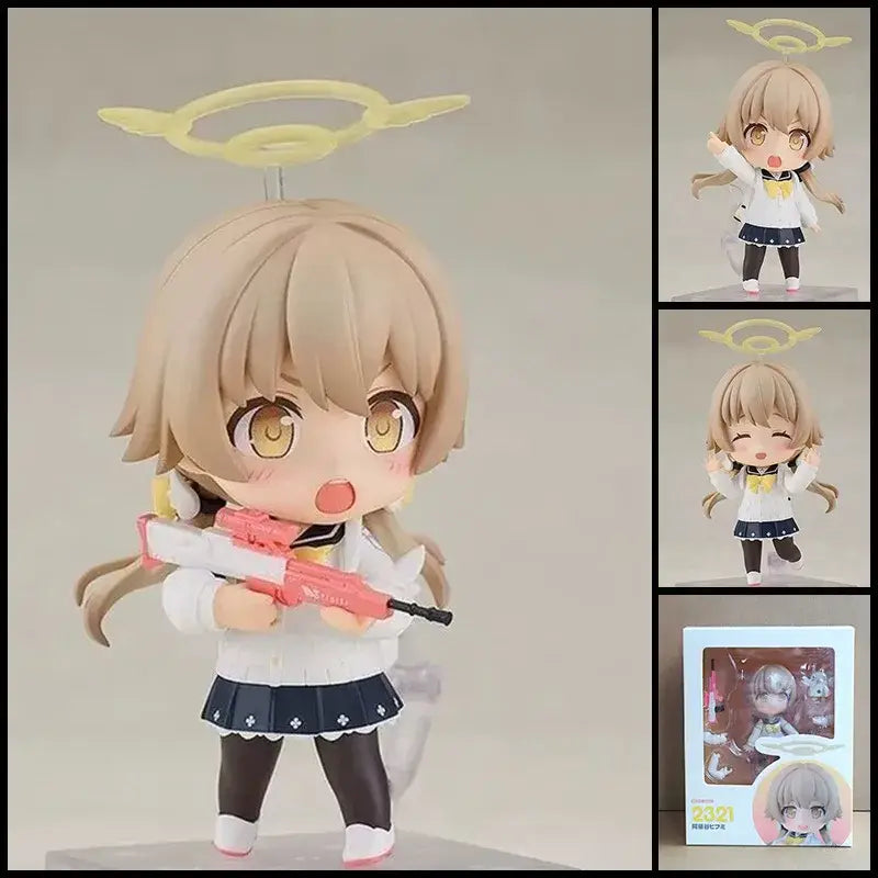Chibi-style mushoku tensei roxy migurdia figure with blonde hair posable design and halo holding pink white toy rifle
