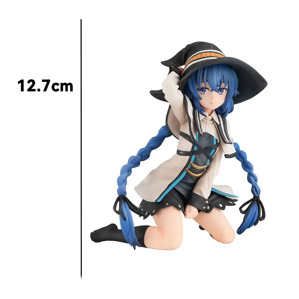 A 12.7cm pvc figure of roxy migurdiass from mushoku tensei with blue hair, black hat, and beige outfit with black accents