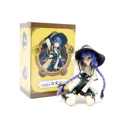 A detailed pvc figure of mushoku tensei roxy migurdiass with blue hair braided purple hair and black witch hat kneeling by packaging
