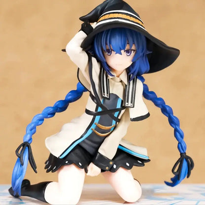 Blue-haired roxy migurdiass pvc figure wearing black hat and cream coat with blue trim from mushoku tensei roxy