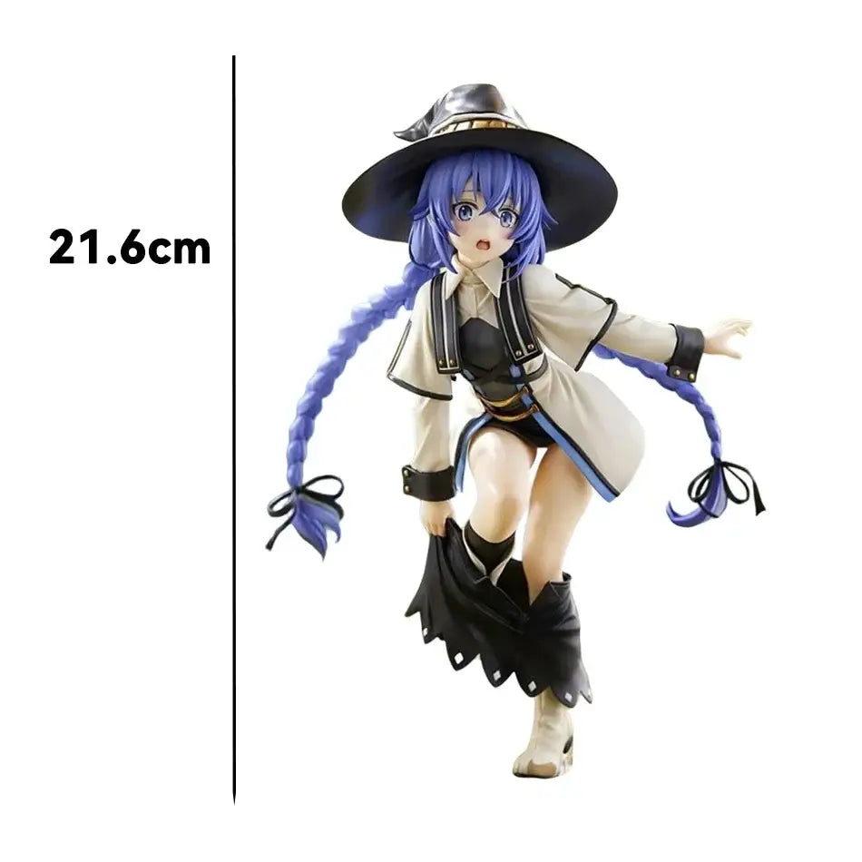 21.6cm pvc figure of roxy migurdiass from mushoku tensei with blue hair in beige coat and wide-brimmed hat