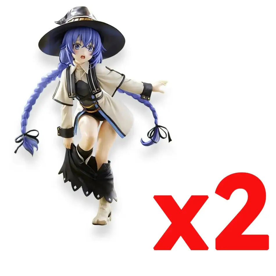 Blue-haired roxy migurdiass pvc figure in black hat beige coat and black boots from mushoku tensei roxy collection
