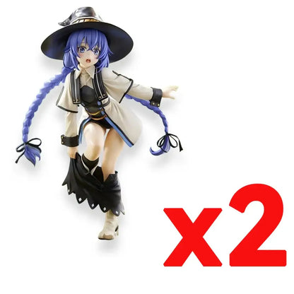 Blue-haired roxy migurdiass pvc figure in black hat beige coat and black boots from mushoku tensei roxy collection