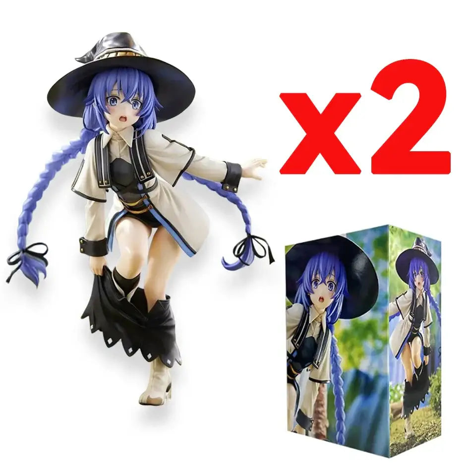 Blue-haired roxy migurdiass pvc figure from mushoku tensei with braided pigtails, black hat, beige coat, and boots