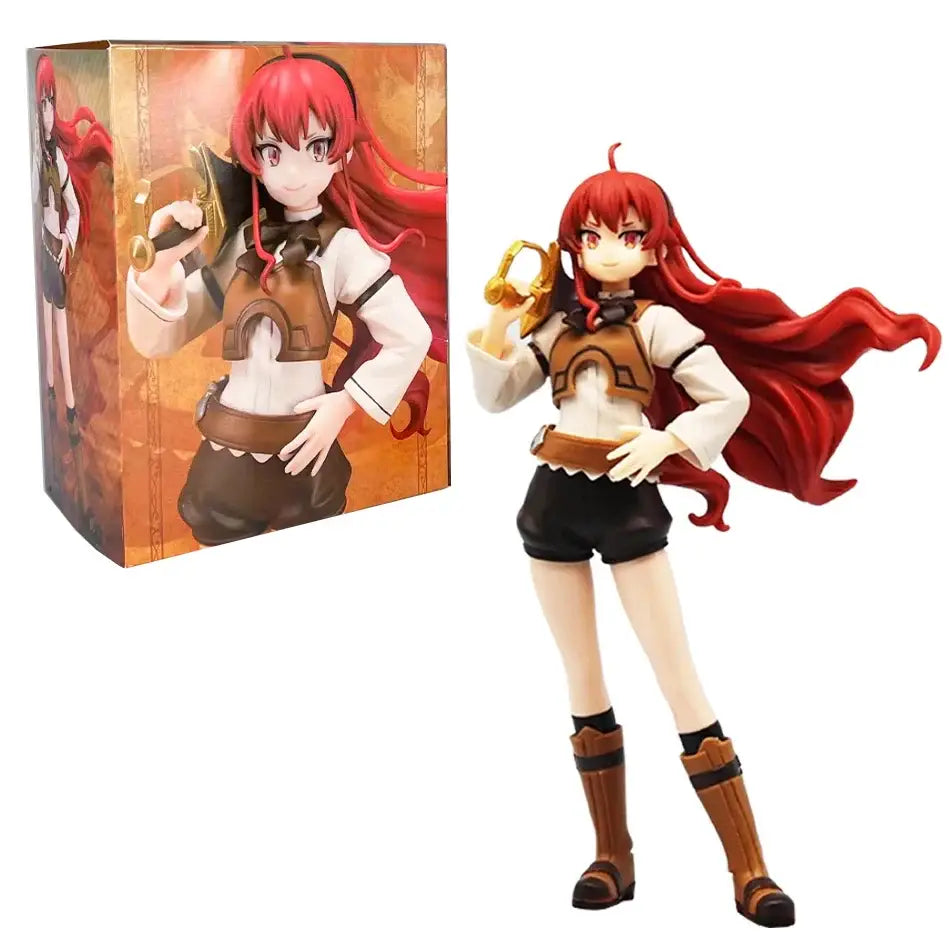 Red-haired anime figurine of roxy migurdiass in white blouse brown vest and shorts mushoku tensei roxy pvc figure