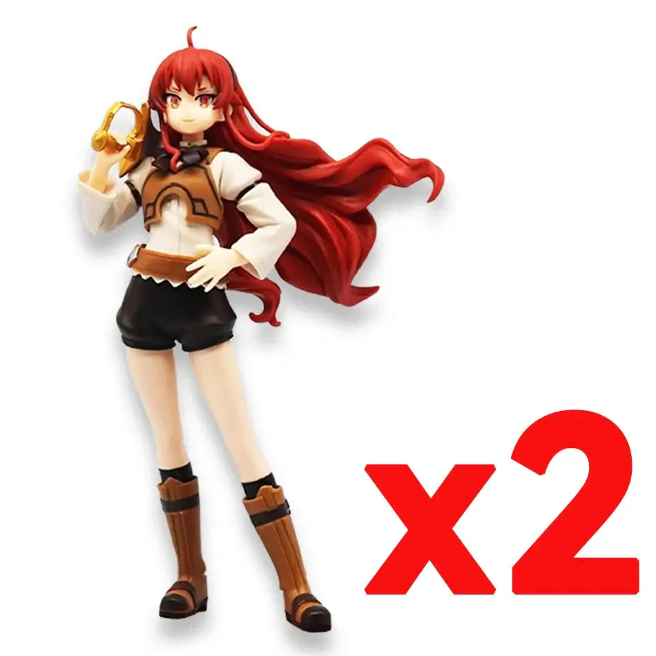 Red-haired roxy migurdiass pvc figure from mushoku tensei wearing white blouse brown vest and holding golden object
