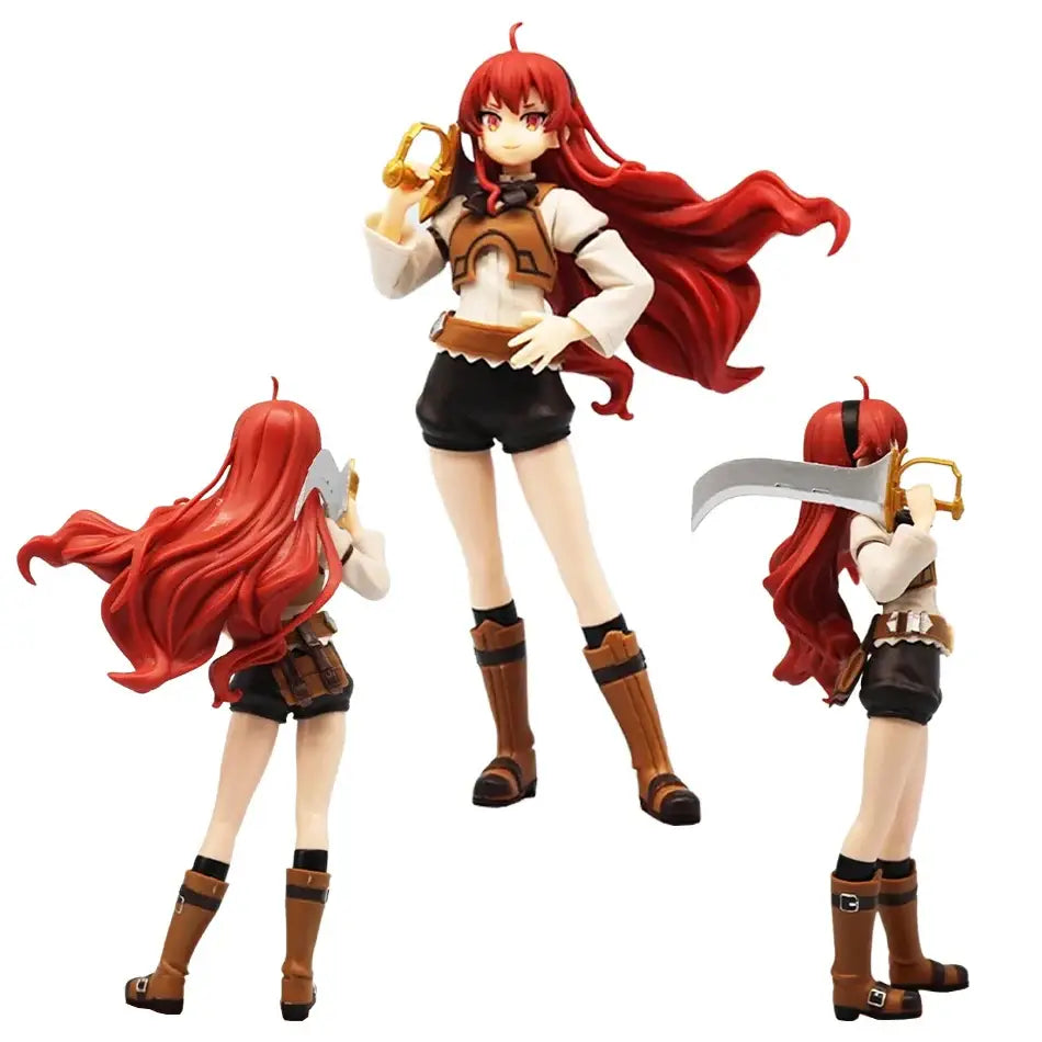 Red-haired roxy migurdiass pvc figure from mushoku tensei wearing white shirt brown vest black shorts and tall boots
