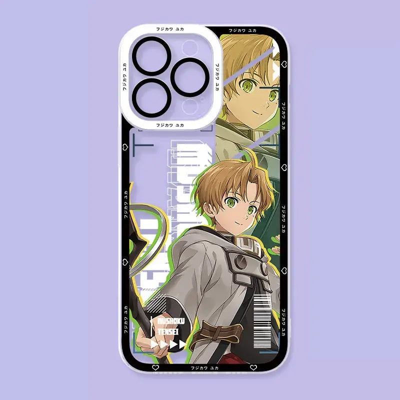 Transparent mushoku tensei roxy phone case for samsung galaxy with anime characters and japanese text black borders back view