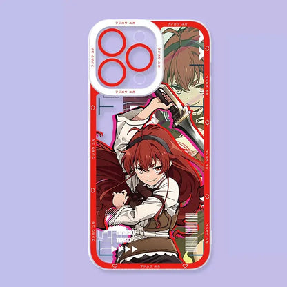 Back of red-framed transparent mushoku tensei roxy phone case with vibrant anime artwork and white camera cutout for samsung galaxy
