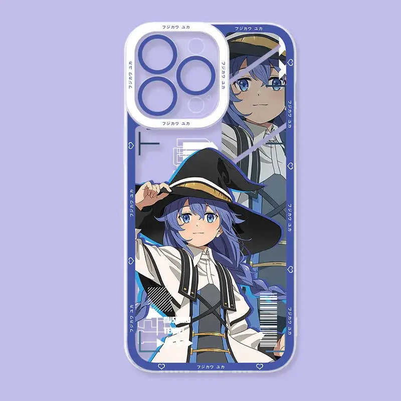 Back of a transparent samsung galaxy phone case featuring mushoku tensei roxy with long blue hair and black hat on purple background