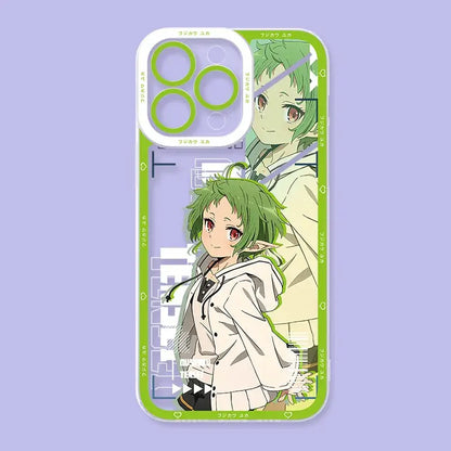 Back side of transparent samsung galaxy phone case with green mushoku tensei roxy anime character and lime green border