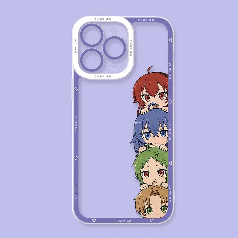 Back of transparent samsung galaxy phone case with purple border and mushoku tensei roxy anime chibi design