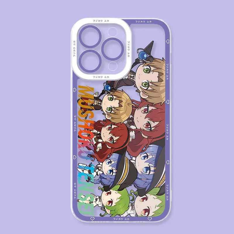 Back side of transparent mushoku tensei roxy phone case for samsung galaxy with colorful chibi anime characters on purple background