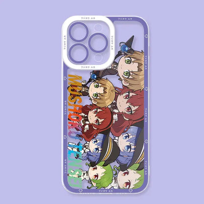 Back side of transparent mushoku tensei roxy phone case for samsung galaxy with colorful chibi anime characters on purple background