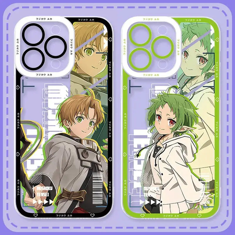 Two anime-themed samsung galaxy phone cases with mushoku tensei roxy characters on translucent backs with black and green borders