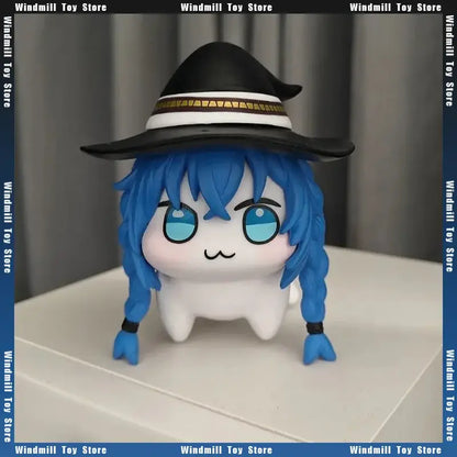 Blue-haired chibi-style mushoku tensei roxy pvc figure with black hat and white gold trim for cute desktop decor