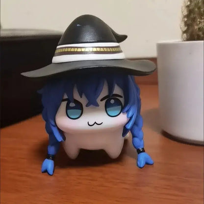 Mushoku tensei roxy pvc figure of a cute blue-haired character wearing a black witch hat for desktop decor