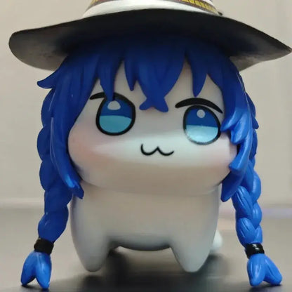 Cute white mushoku tensei roxy pvc figure with blue braided hair and wide-brimmed hat for desktop decor