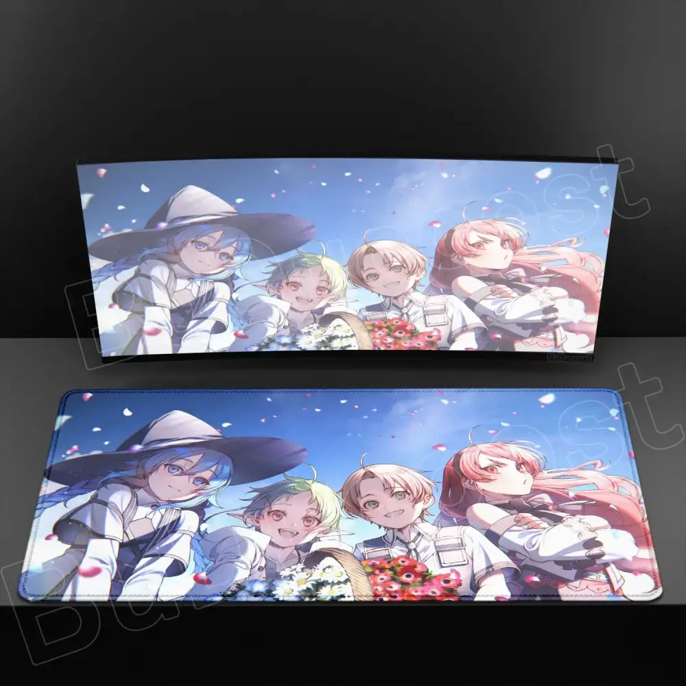 Rectangular xxl mouse pad with anti-slip rubber featuring vibrant anime characters in white uniforms on blue sky background