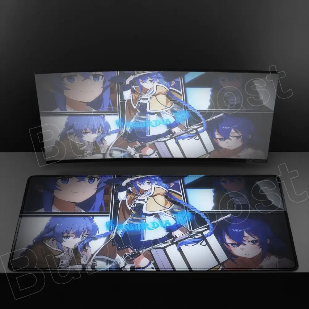 Rectangular xxl mouse pad featuring blue-haired anime character roxy in a yellow coat with anti-slip rubber base
