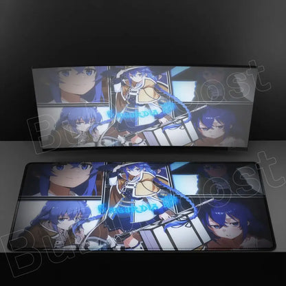 Rectangular xxl mouse pad featuring blue-haired anime character roxy in a yellow coat with anti-slip rubber base
