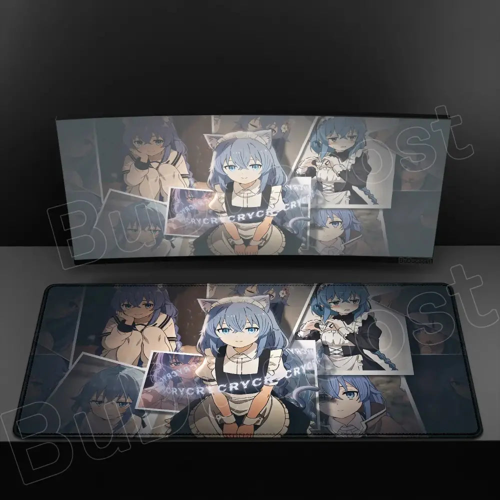 Rectangular xxl mouse pad featuring anime character roxy with blue hair and cat ears in a maid outfit on black rubber base