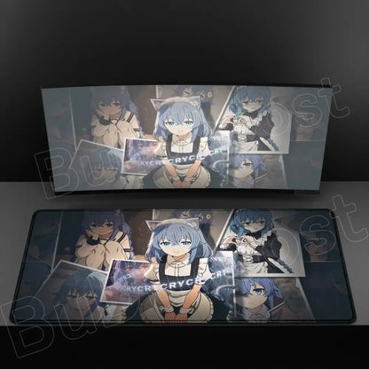 Rectangular xxl mouse pad featuring anime character roxy with blue hair and cat ears in a maid outfit on black rubber base