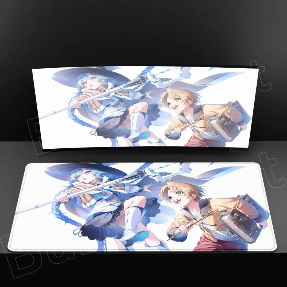 White rectangular mushoku tensei roxy xxl mouse pad with anime characters in blue and beige on anti-slip rubber surface
