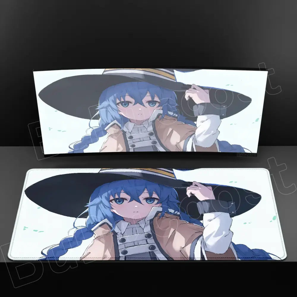 White rectangular xxl mouse pad featuring blue-haired anime character with wide-brimmed hat made of anti-slip rubber