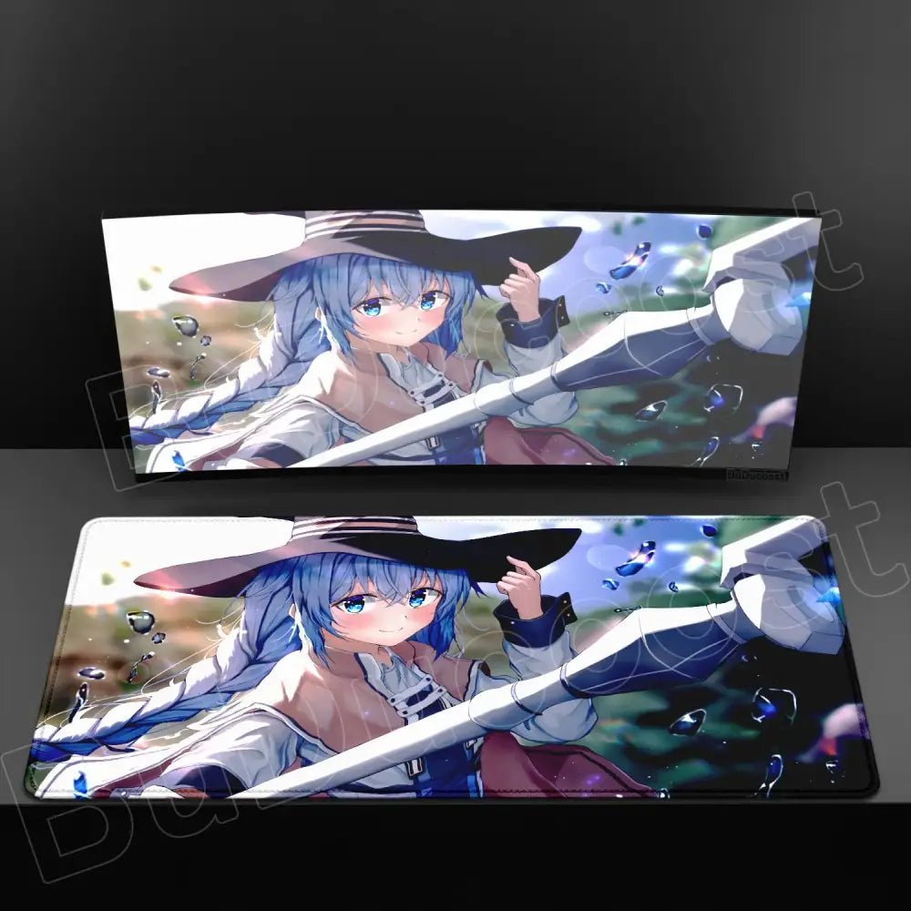 Rectangular xxl mouse pad with vibrant anime illustration of blue-haired girl in hat holding sword on smooth anti-slip surface