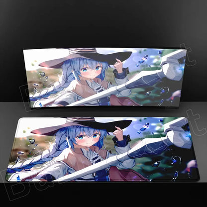 Rectangular xxl mouse pad with vibrant anime illustration of blue-haired girl in hat holding sword on smooth anti-slip surface
