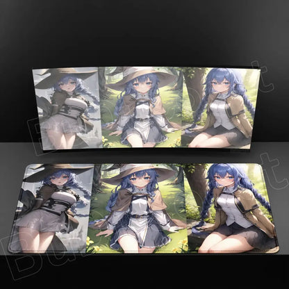 Rectangular xxl mouse pad featuring three anime panels of blue-haired girl with wide-brimmed hat on smooth surface